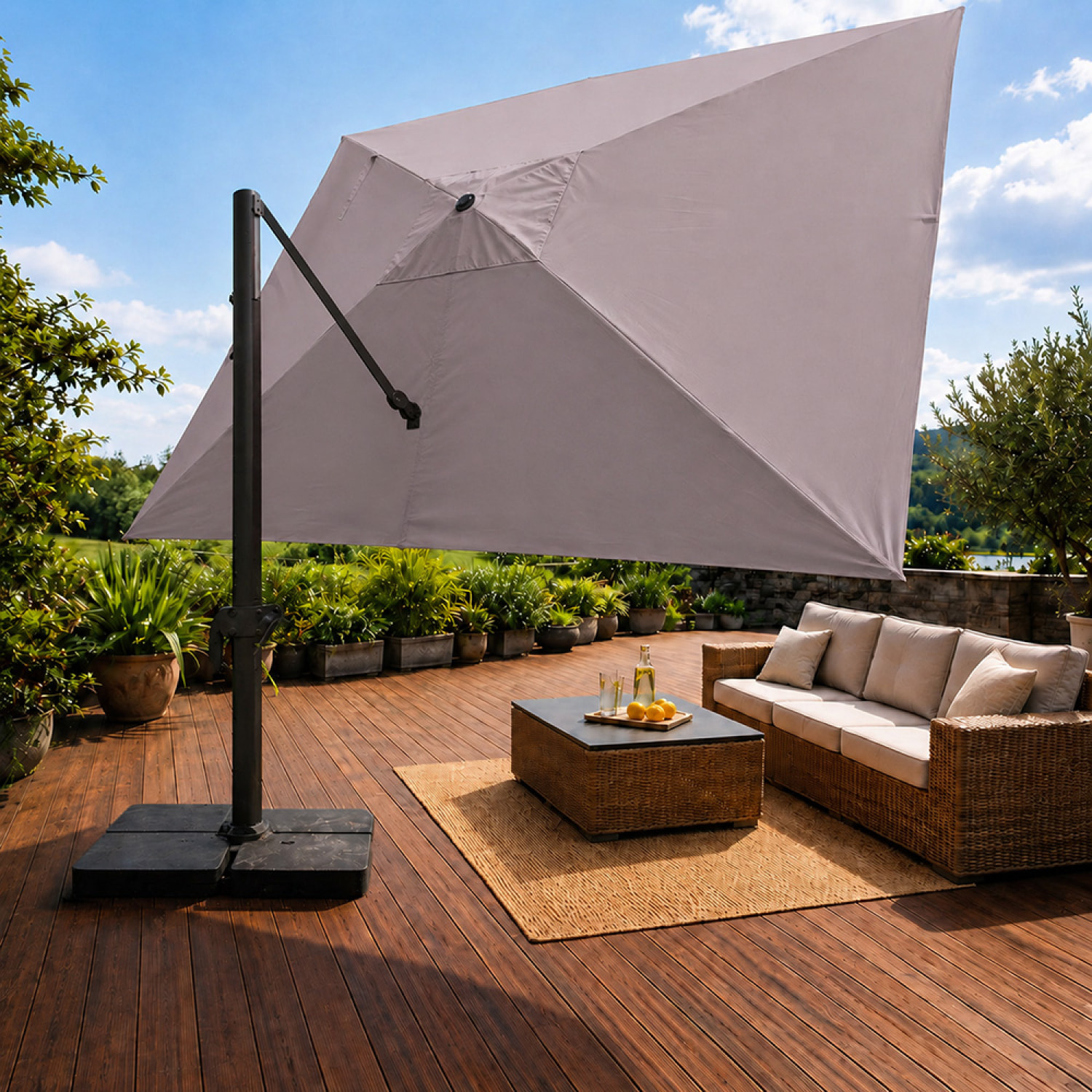 Parasol rectangulaire 3x4 déporté rotatif gris en aluminium GHAZIE