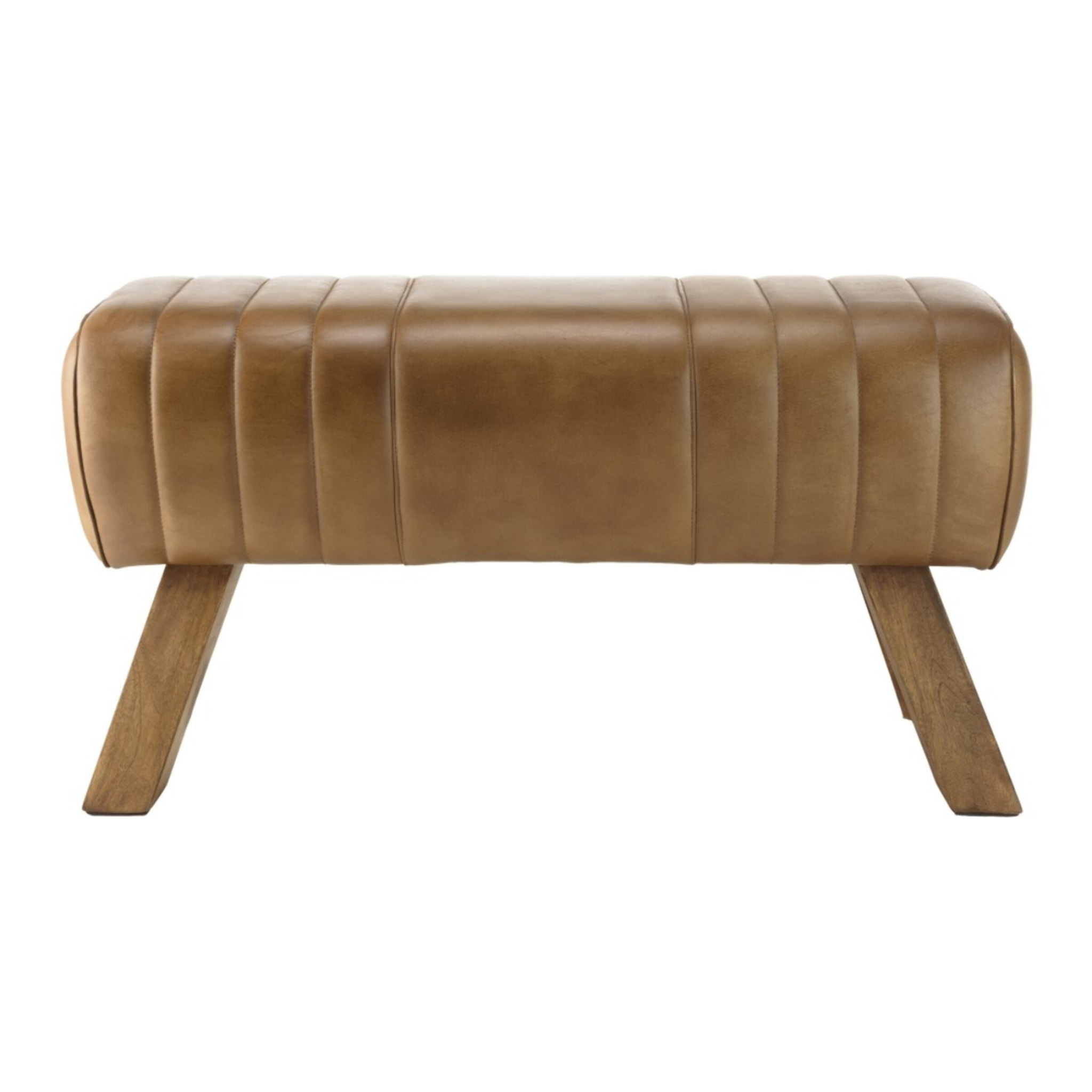 MARCEL - Banc matelassé cuir marron pieds inclinés en bois de manguier
