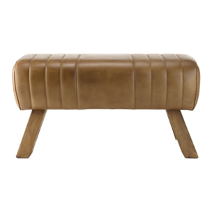 MARCEL - Banc matelassé cuir marron pieds inclinés en bois de manguier
