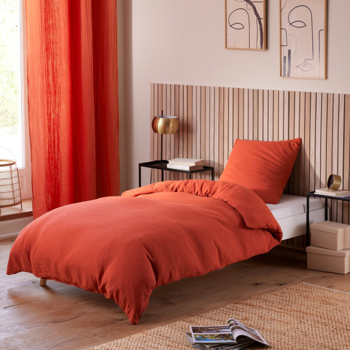 Pack complet 3 pièces "Noah" Gaze de Coton 140 x 200 pour lit 1 place - Noah Terracotta