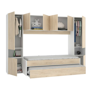 Letto per bambini Venturosa, Cameretta completa con armadio a ponte e cassettone, Composizione con letto e lettino singolo estraibile, 303x97h203 cm, Rovere e Bianco