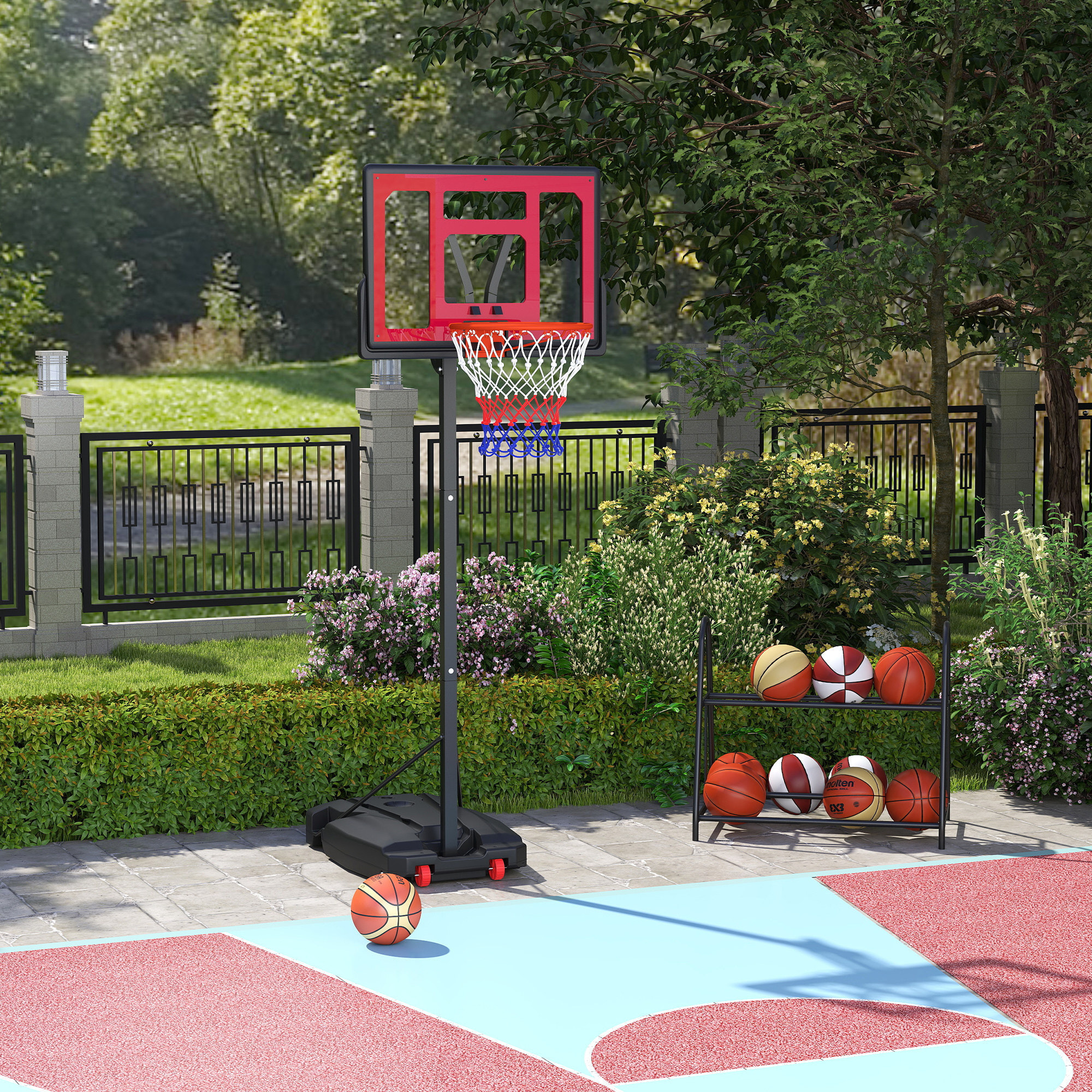 Canasta de Baloncesto Infantil con Altura Ajustable 200-260 cm Canasta de Baloncesto Exterior Portátil con Ruedas Base Rellenable y Bolsa de Peso Rojo y Negro
