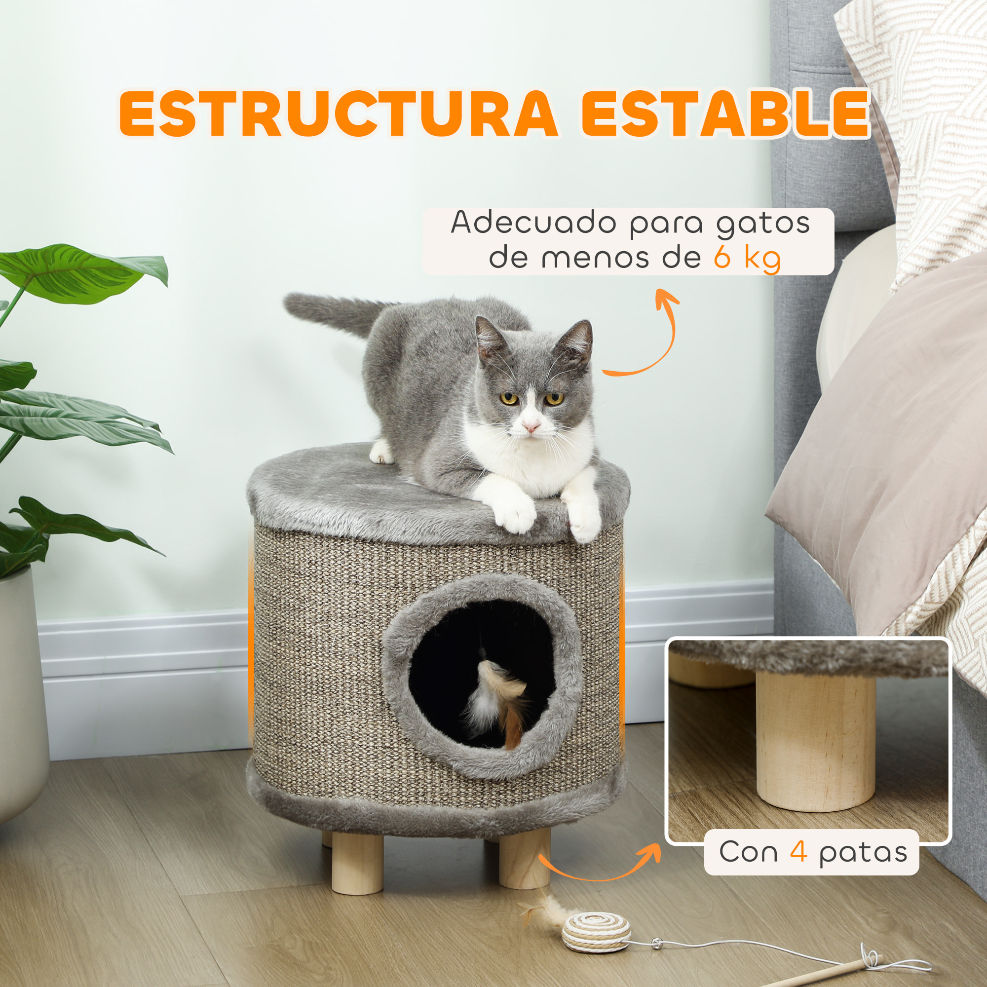 Casa para Gatos 3 en 1 Taburete, Reposapiés, Cama para Gatos con Rascador, Patas de Madera y Pluma Colgante, Cueva para Interior, 36x36x38 cm, Gris