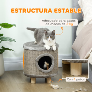 Casa para Gatos 3 en 1 Taburete, Reposapiés, Cama para Gatos con Rascador, Patas de Madera y Pluma Colgante, Cueva para Interior, 36x36x38 cm, Gris