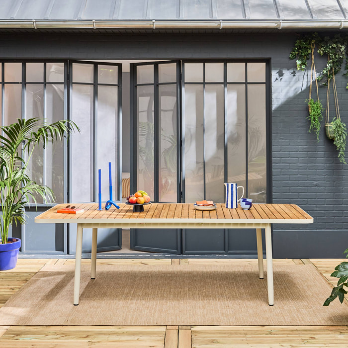 Table de jardin extensible en bois teck. structure aluminium blanc 8 places