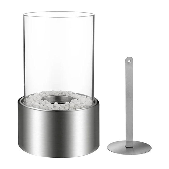 Marsiglia - Camino a bioetanolo da tavolo per interni ed esterni Ø16 x H27 cm, colore silver