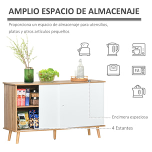 Mueble Aparador tipo Buffet para Comedor Cocina con 2 Puertas Correderas Estantes Interiores Ajustables y Patas de Madera 130x40x74,5 cm Natural y Blanco