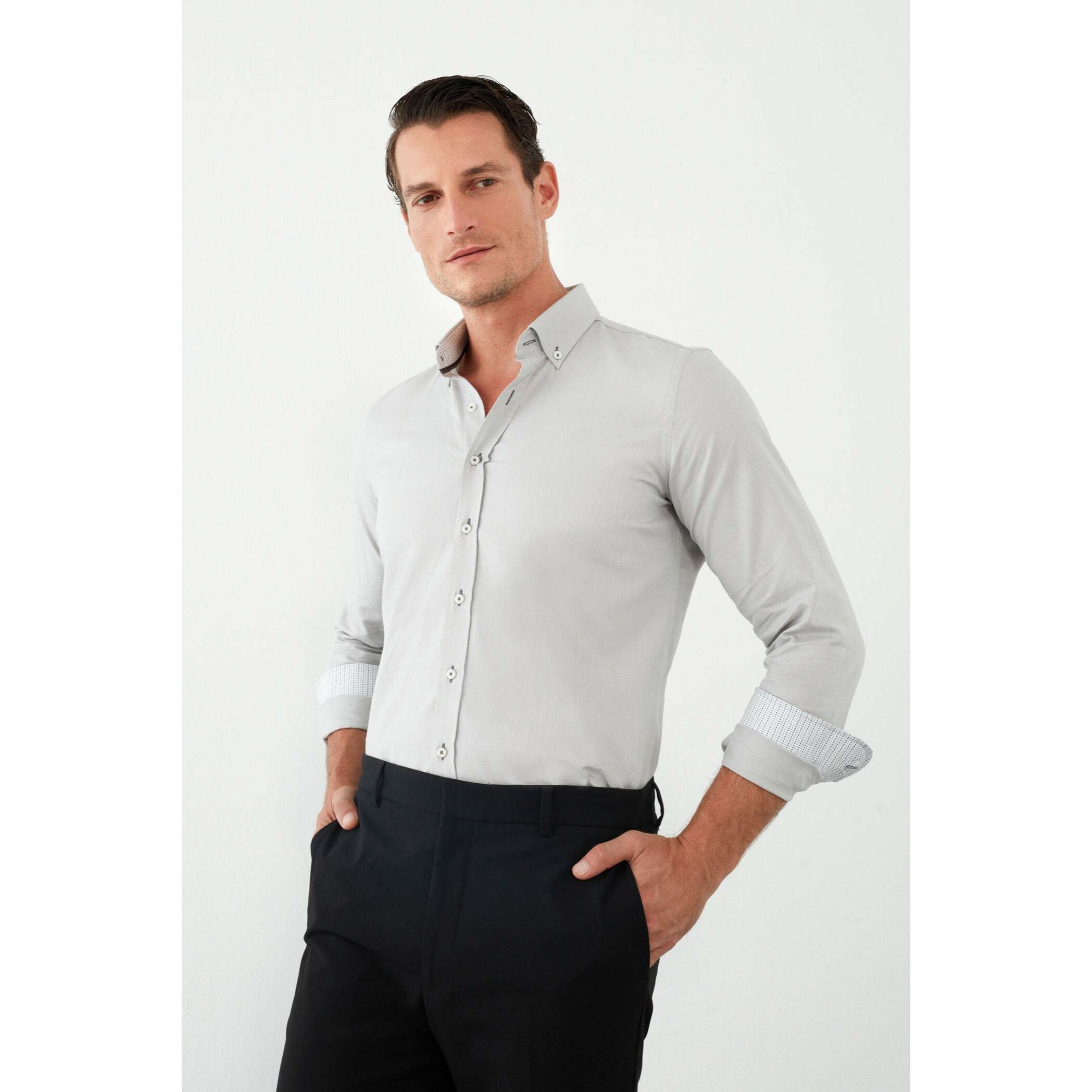 camicia uomo 1 bottone button down slim Oxford unito Grigio Medio