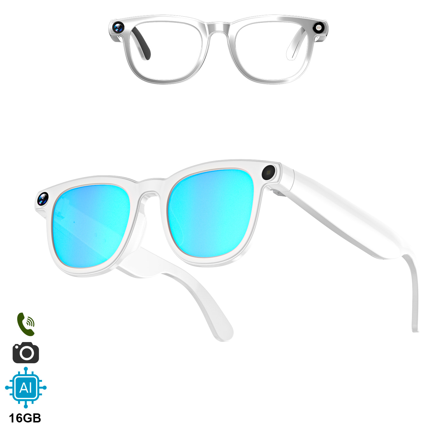 Gafas inteligentes CY01. Con cámara para fotos y videos de 8 MPX, traductor AI en tiempo real y control de música/llamadas. 16GB de memoria, lentes tintadas y transparentes.