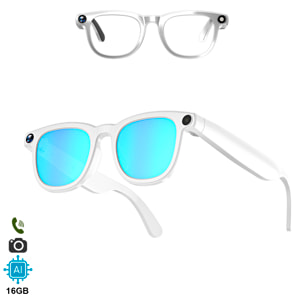 Gafas inteligentes CY01. Con cámara para fotos y videos de 8 MPX, traductor AI en tiempo real y control de música/llamadas. 16GB de memoria, lentes tintadas y transparentes.