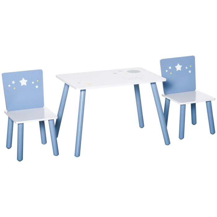 Juego de Mesa Infantil y 2 Sillas de Madera Mesa con Sillas para Niños de 2-4 Años Mesa 60x40x43 cm y Sillas 28x26x48 cm para Dormitorio Sala Blanco y Azul