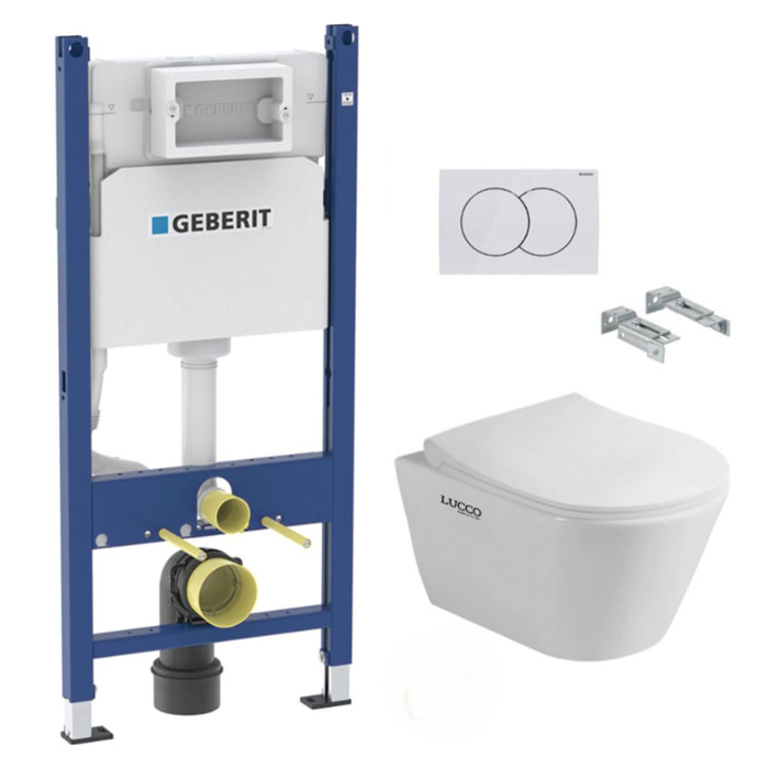 Pack WC Bati-support Geberit Duofix + WC sans bride Lucco Avva + Abattant softclose + Plaque blanche (AvvaGeb3)