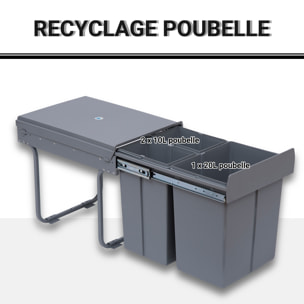 Poubelle de tri coulissante - 3 bacs amovibles avec poignée - 2 x 10L et 1 x 20L - métal PP gris