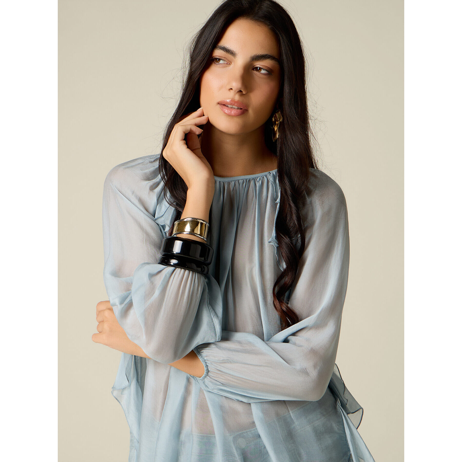 Oltre - Blusa in voile misto seta con volant - Azzurro