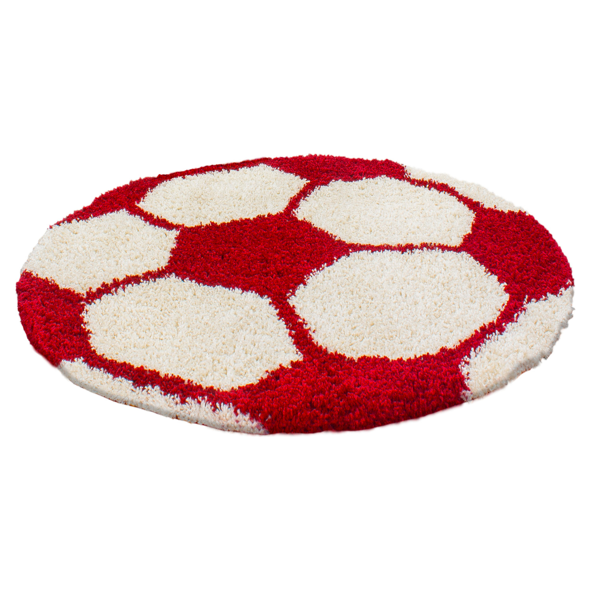 FUN - Tapis enfant shaggy rond à poils long motif ballon de foot rouge