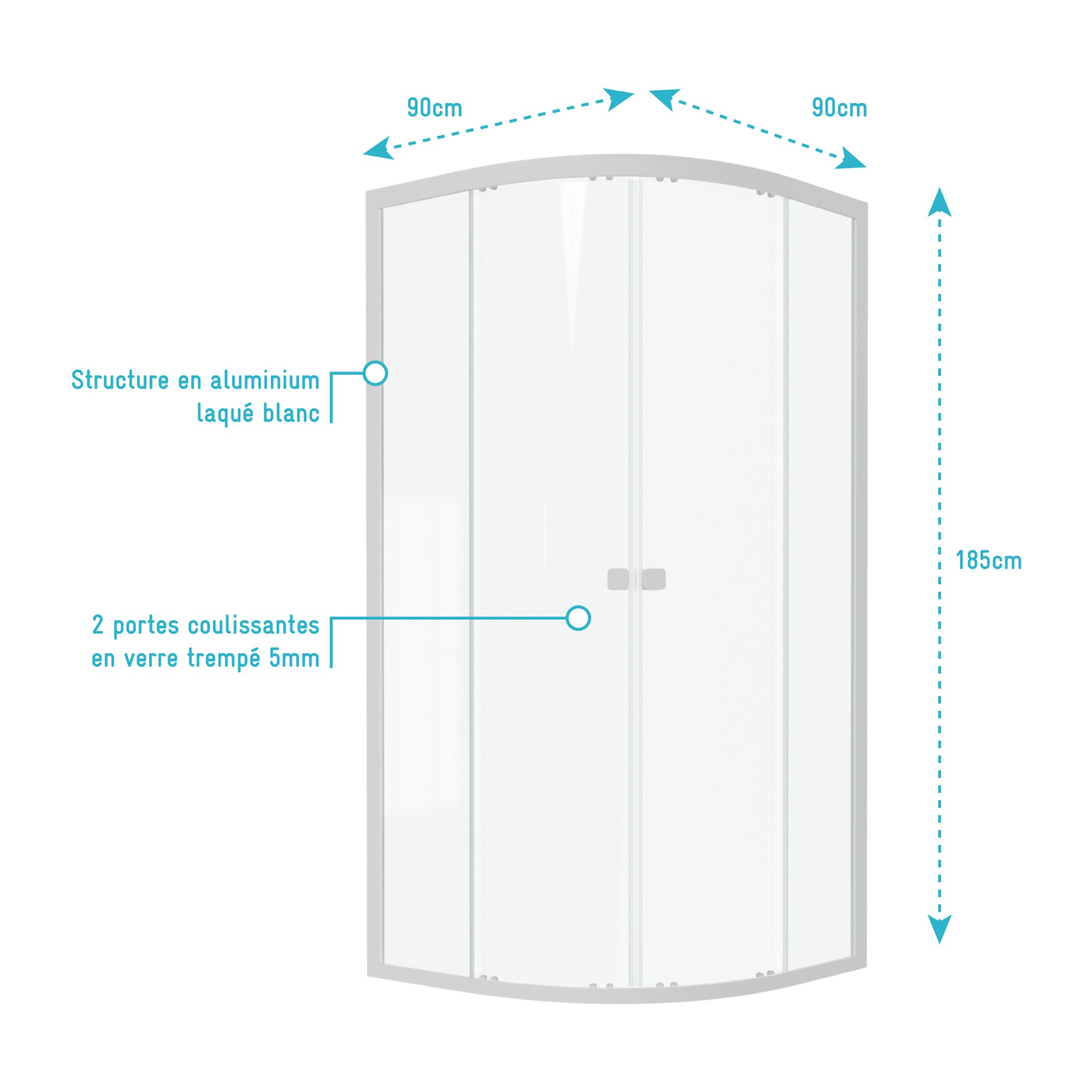 Porte de douche 1/4 cercle blanc 90x90cm de largeur - verre transparent - WHITY ROUND