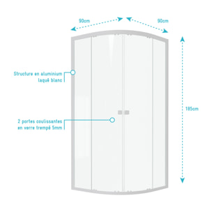 Porte de douche 1/4 cercle blanc 90x90cm de largeur - verre transparent - WHITY ROUND
