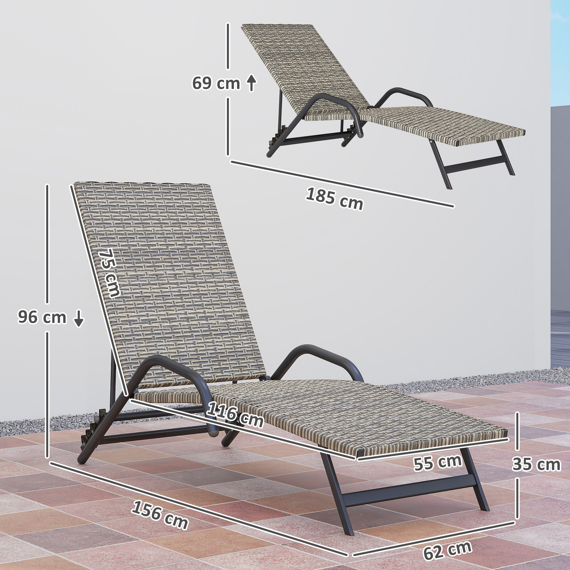 Bain de soleil inclinable réglable en résine tressée beige brun accoudoirs structure noir
