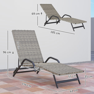 Bain de soleil inclinable réglable en résine tressée beige brun accoudoirs structure noir