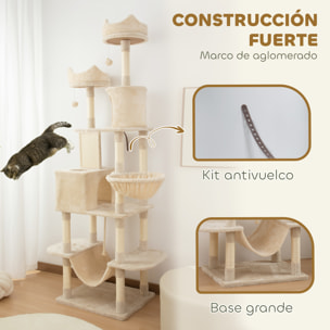 Árbol Rascador para Gatos Grande Altura 206 cm Árbol para Gatos Torre para Gatos con Plataformas Cuevas Bolas Colgantes y Hamacas Beige