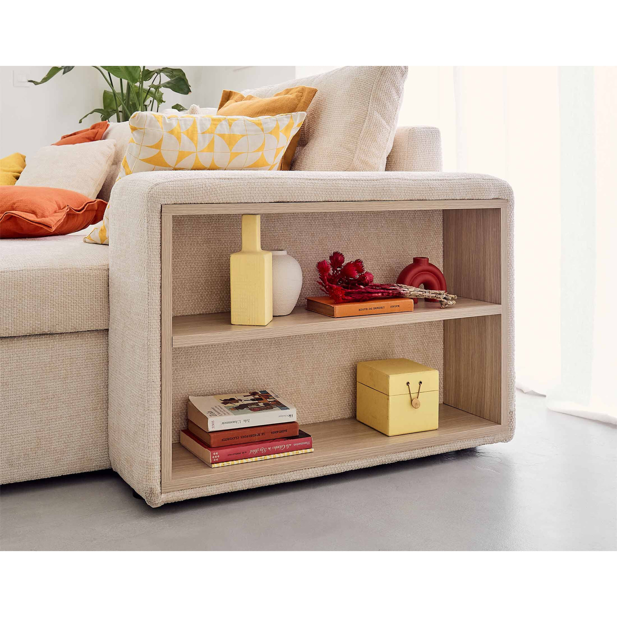 California - canapé d'angle réversible 4 places - convertible avec coffre, étagère et poufs - en velours texturé - Beige