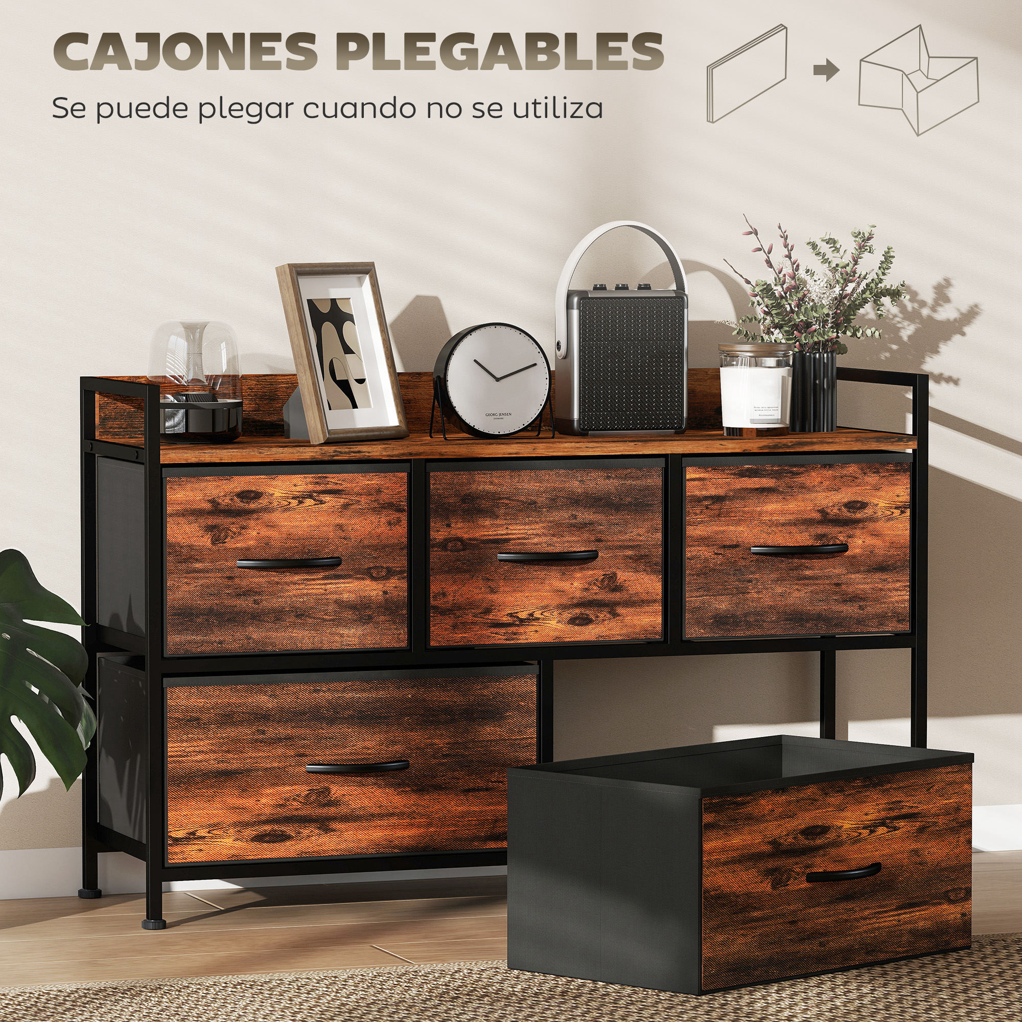 Mueble Organizador Cajonera de Tela con Cajones Plegables y Marco de Acero Estilo Industrial para Salón Recibidor Dormitorio 98x29x63 cm Marrón Rústico