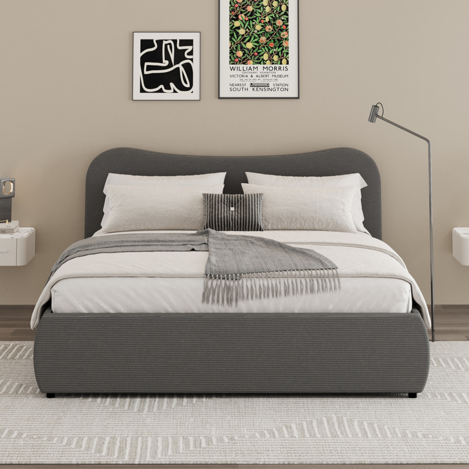 MILANO Lit coffre 160x200cm design arrondi velours côtelé gris