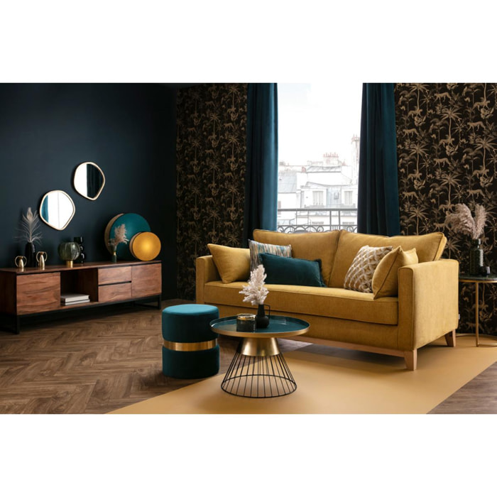 Lampe à poser ronde bi-matière en tissu rose clair et rabane naturelle D35 cm VERSO