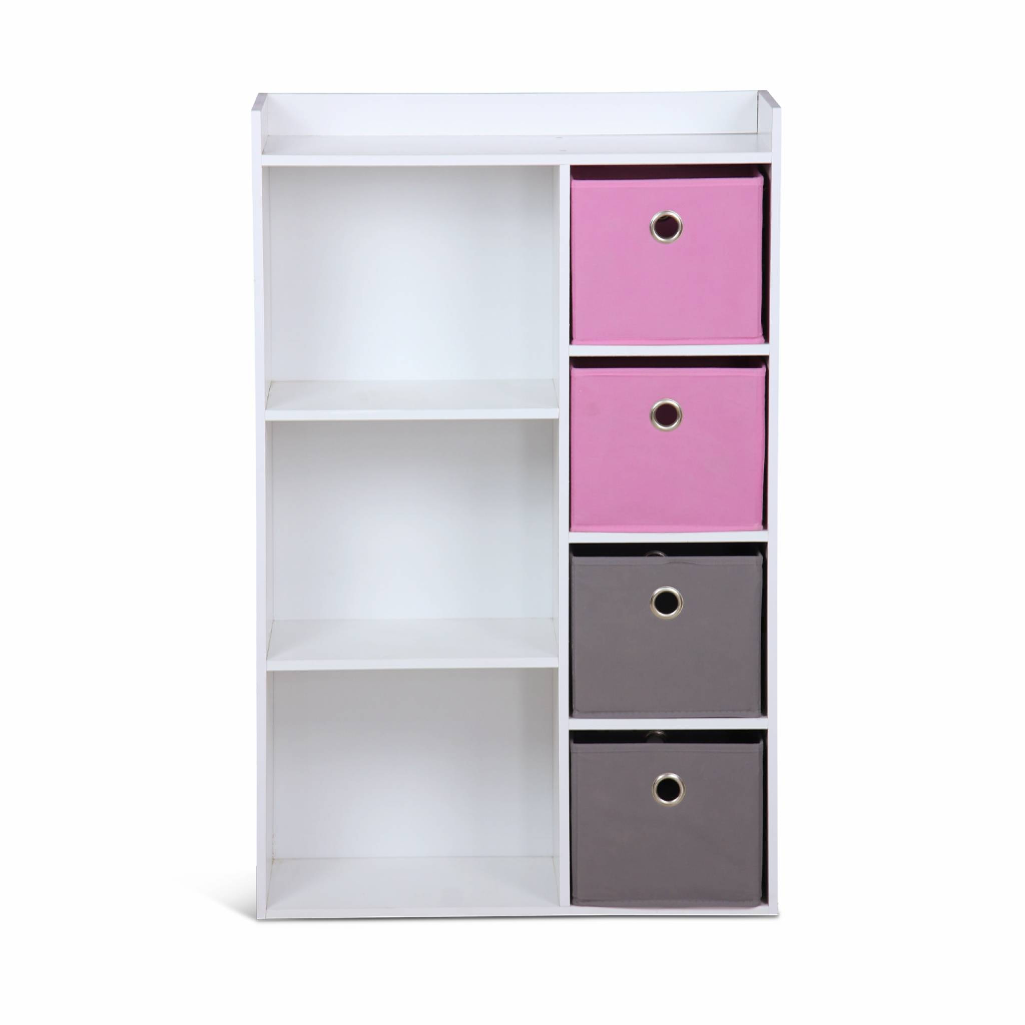 Meuble de rangement pour enfant. blanc - Camille - avec 7 compartiments et 4 paniers gris et roses