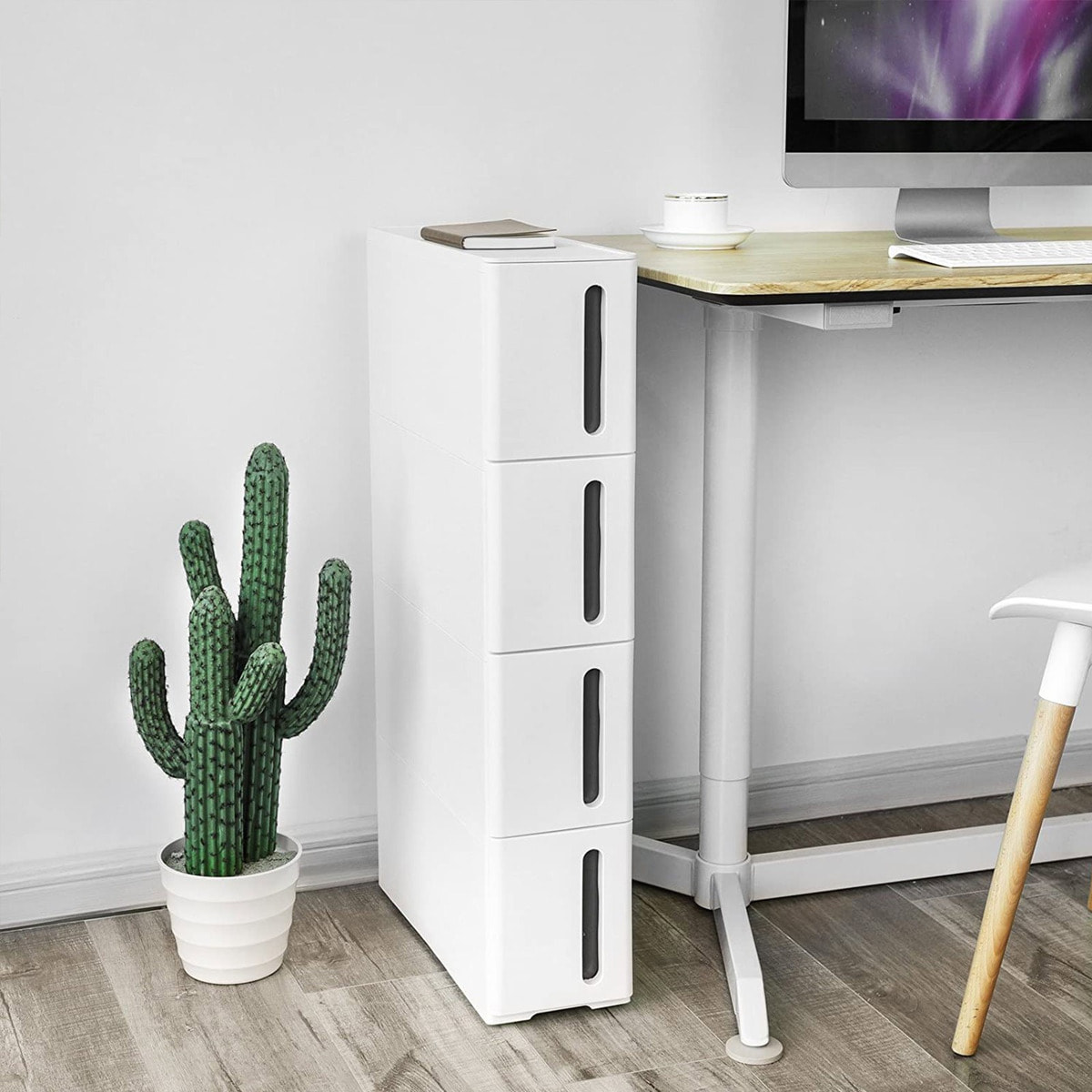 Carrello salvaspazio slim con 4 cassetti bianco e marrone