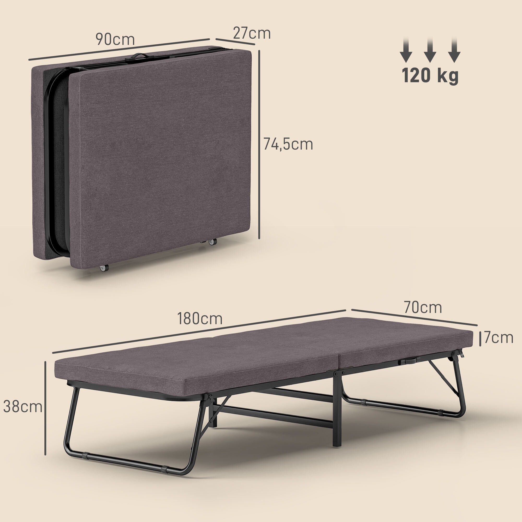 Cama Plegable 70x180 cm con Colchón de Espuma Mueble Cama Plegable con Respaldo Ajustable en 5 Posiciones y Ruedas Cama de Invitados Carga 120 kg