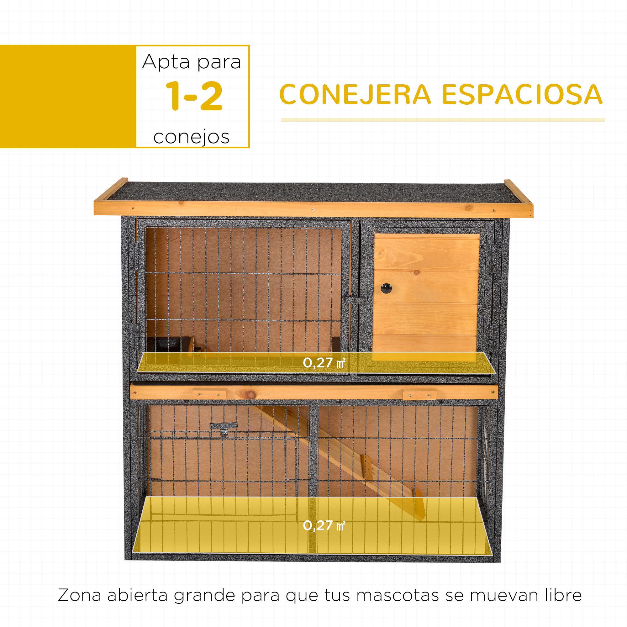 Conejera de Exterior de Madera Jaula para Mascotas Pequeñas 2 Niveles con Rampa Bandeja Extraíble Puertas con Cerraduras 89,5x45x81 cm Madera y Gris