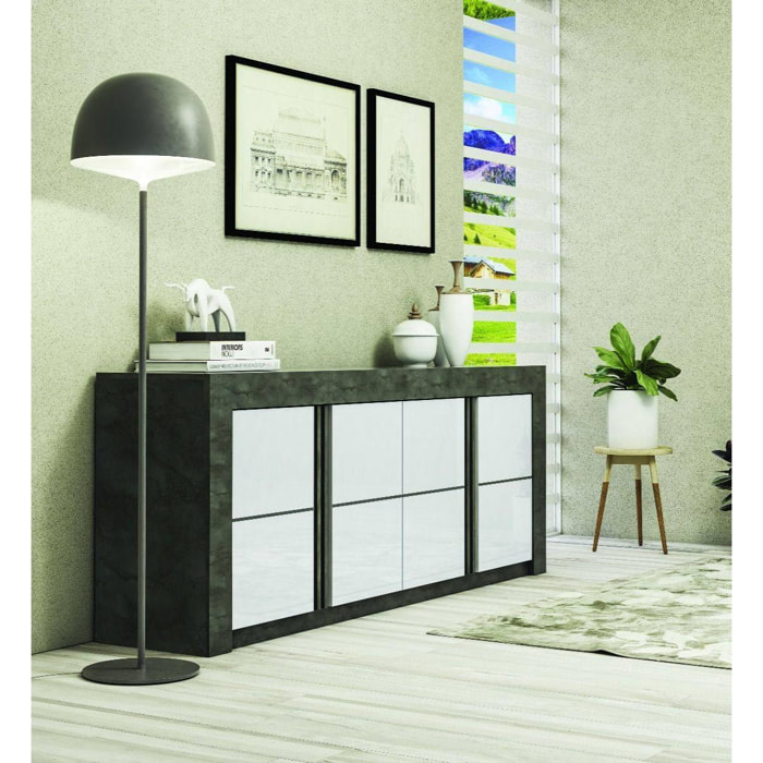 Credenza moderna di design a 4 ante e scaffali, Mobile da soggiorno porta TV, Buffet da cucina, Madia Made in Italy, cm 210x46xh86, colore Bianco e Ossido