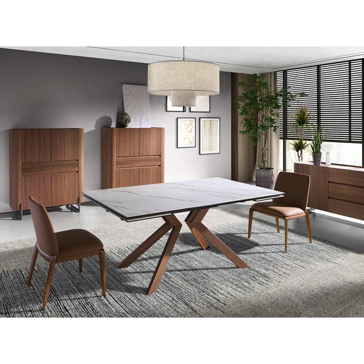 Mesa comedor extensible rectangular con tapa de mármol porcelánico blanco con vetas en tonos grises y marrones en mate 180x90x76cm