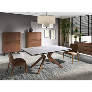 Mesa comedor extensible rectangular con tapa de mármol porcelánico blanco con vetas en tonos grises y marrones en mate 180x90x76cm