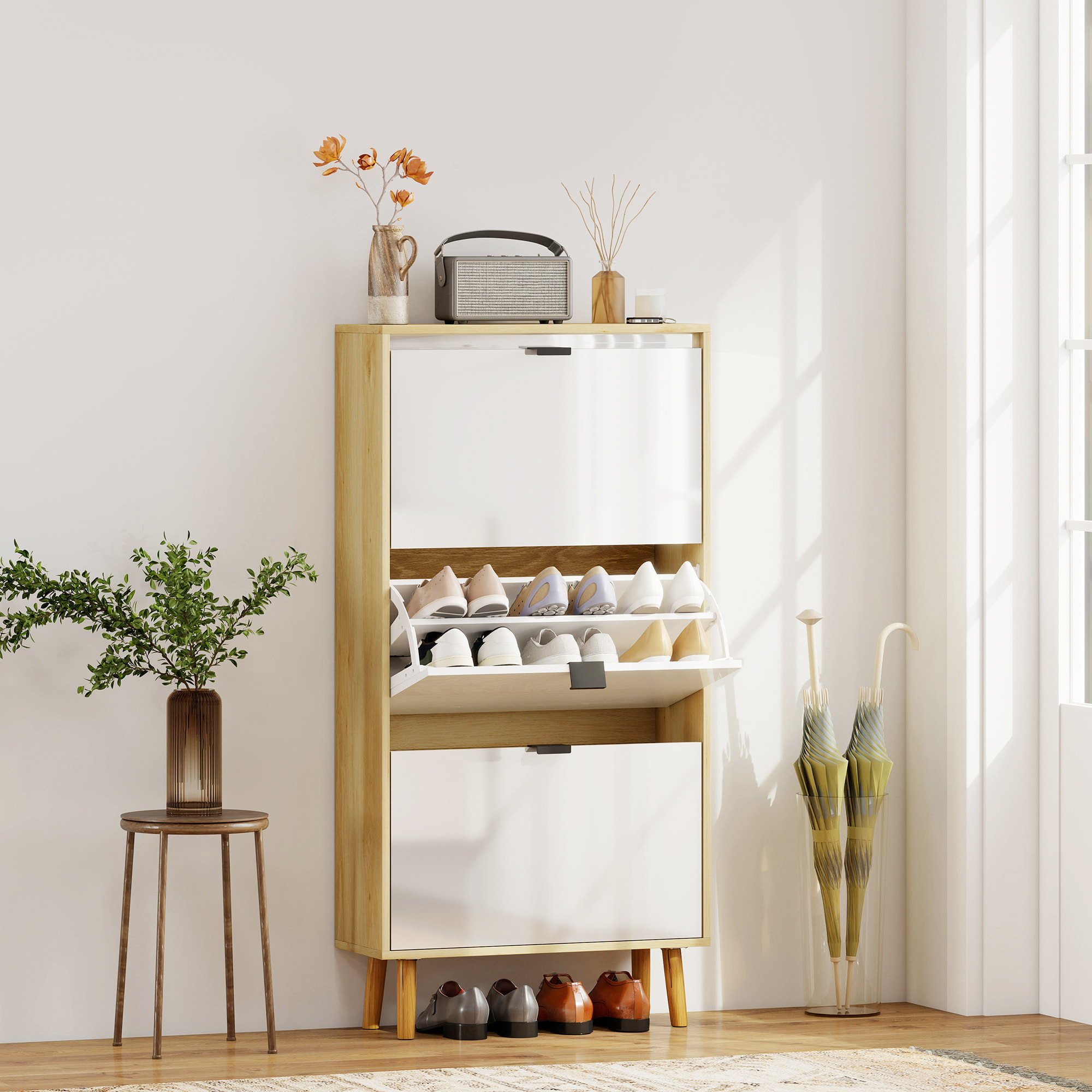 Zapatero Estrecho con 3 Puertas en Blanco Brillo, Zapatero Entrada Recibidor con Estantes Ajustables Patas de Madera, para 18 Pares de Zapatos, 60x24x127 cm Blanco