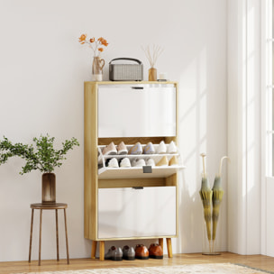 Zapatero Estrecho con 3 Puertas en Blanco Brillo, Zapatero Entrada Recibidor con Estantes Ajustables Patas de Madera, para 18 Pares de Zapatos, 60x24x127 cm Blanco