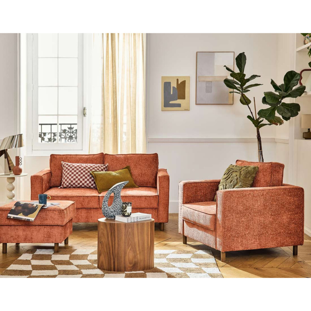 Jake - pouf en tissu velours relief - pieds en bois foncé - Terracotta