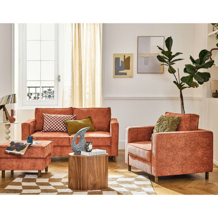 Jake - pouf en tissu velours relief - pieds en bois foncé - Terracotta
