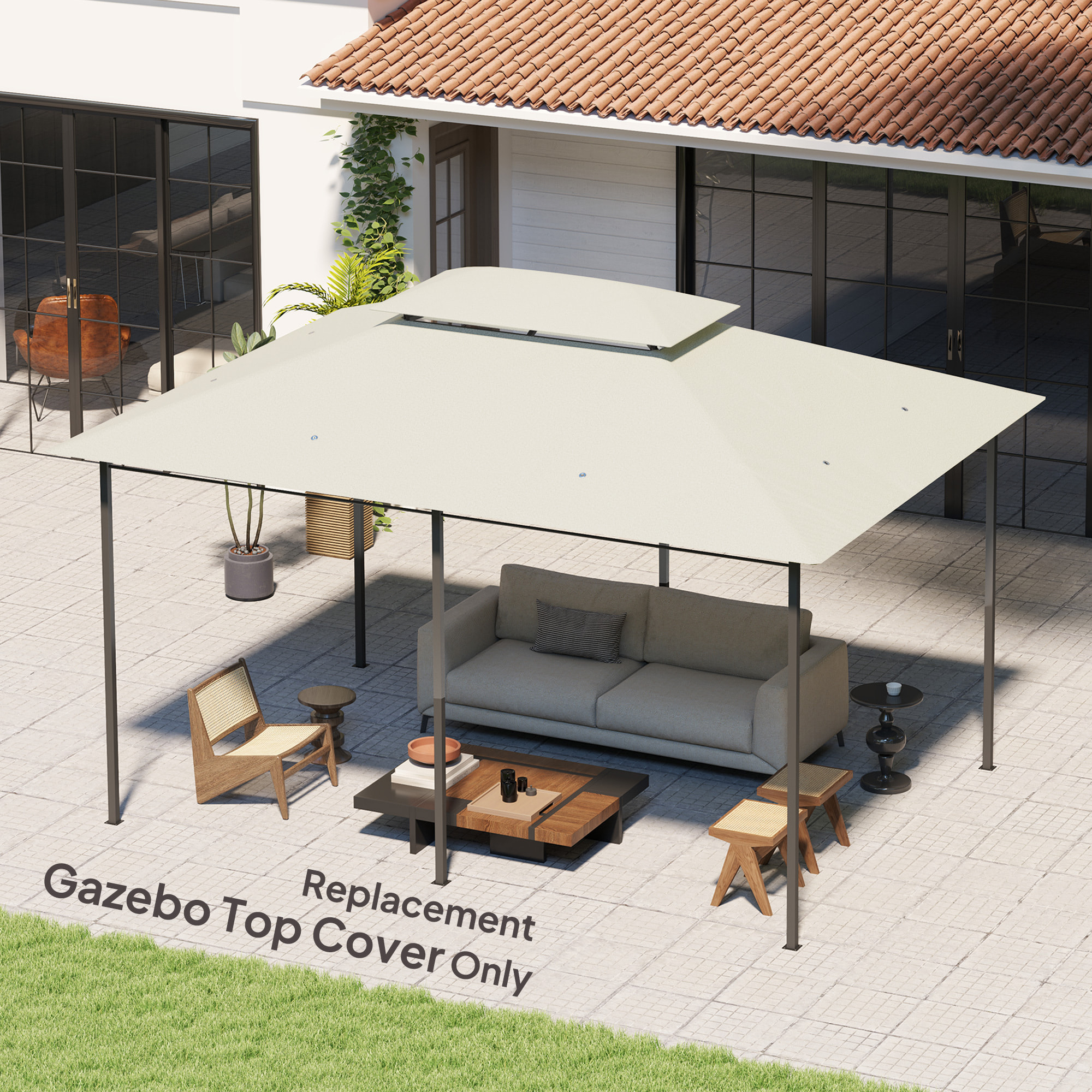 Toile de rechange tonnelle 4 x 3 m - double toit, trous de drainage - polyester crème