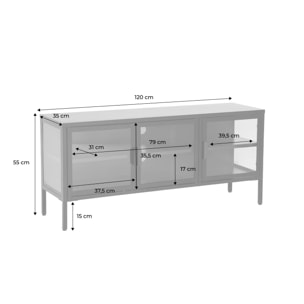 Meuble TV industriel métal et verre trempé 3 portes 120cm bleu - Arkansas