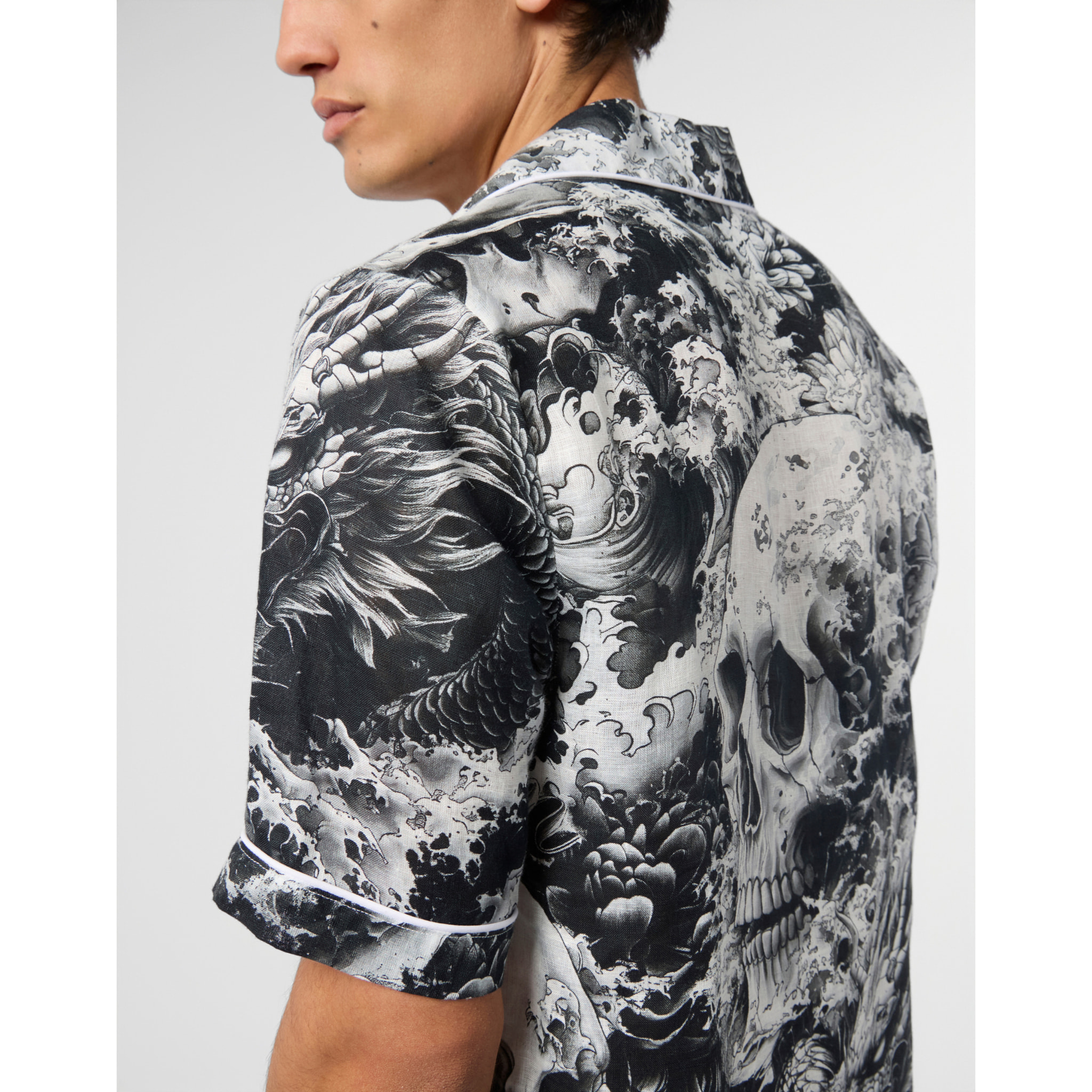 PHILIPP PLEIN Linen Bowling Shirt All-Over Ceramic
