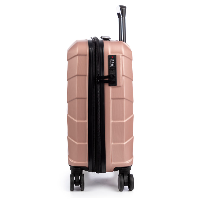 Set di 4 valigie Trolley espandibili, in materiale leggero ABS ad alta resistenza. Chiusura numerica, 4 ruote doppie girevoli a 360°.