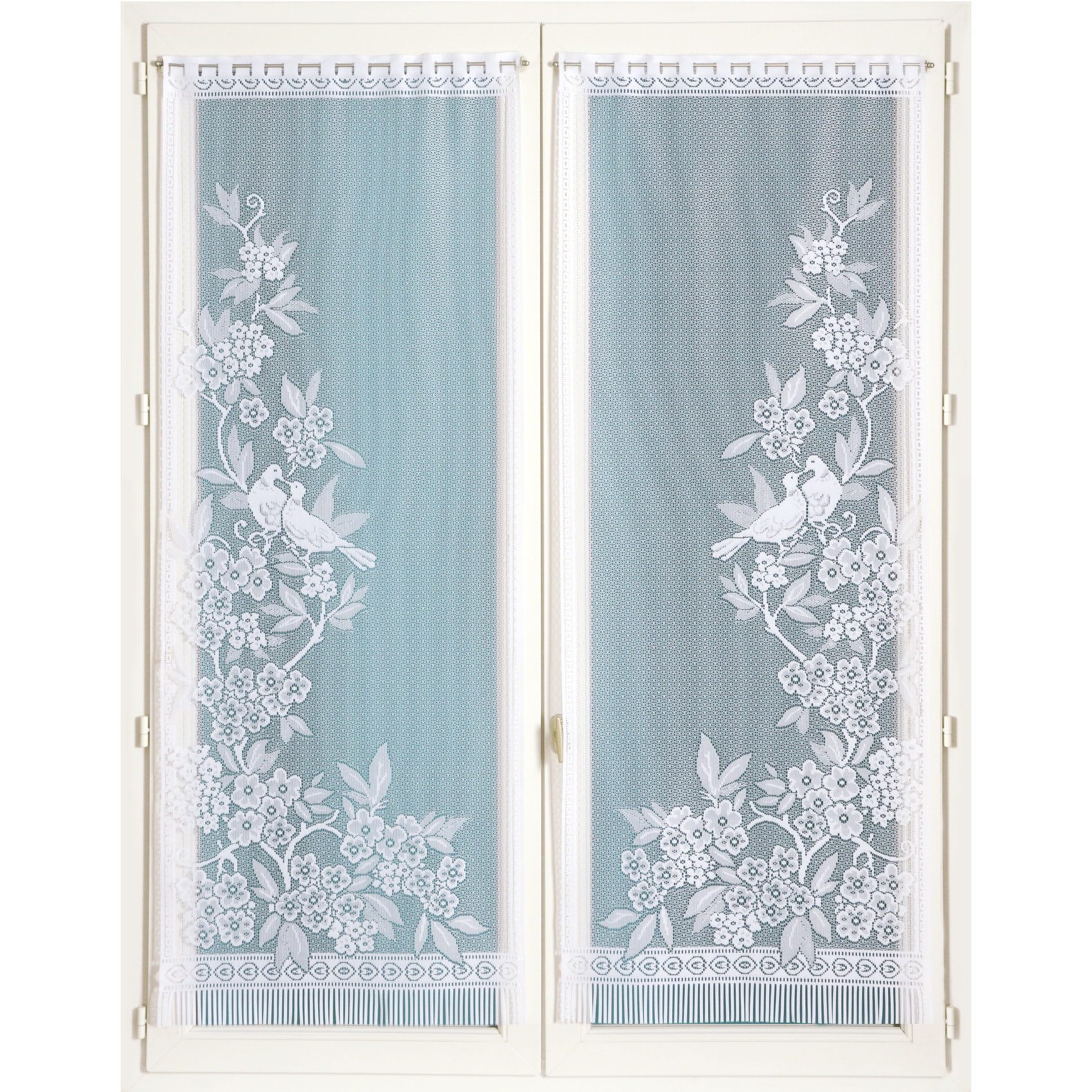 Paire de vitrages frangés en dentelle oiseaux et fleurs - Blanc