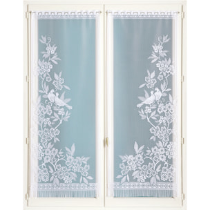 Paire de vitrages frangés en dentelle oiseaux et fleurs - Blanc