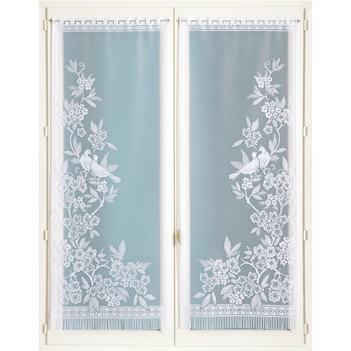 Paire de vitrages frangés en dentelle oiseaux et fleurs - Blanc