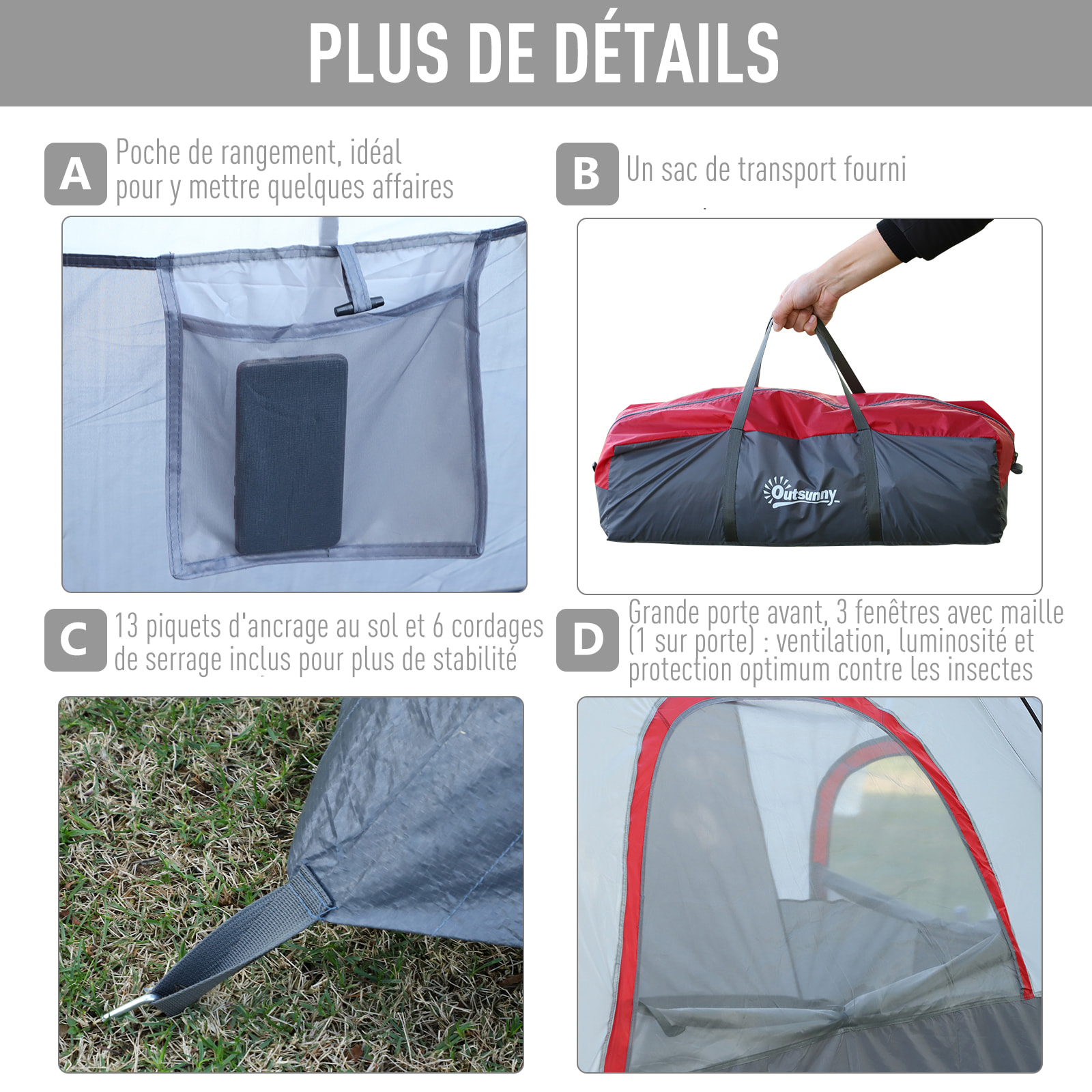 Tente de camping familiale 5-6 pers. - grande porte + 3 fenêtres - fibre verre polyester oxford gris rouge