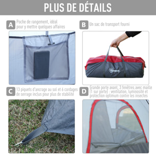 Tente de camping familiale 5-6 pers. - grande porte + 3 fenêtres - fibre verre polyester oxford gris rouge