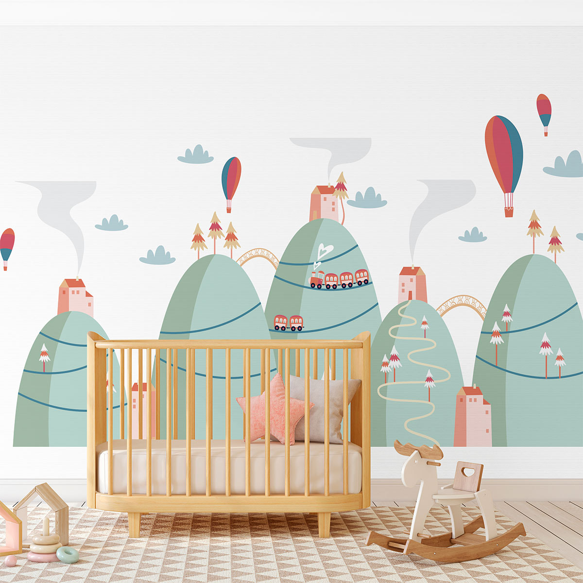 Stickers muraux enfants - Décoration chambre bébé - Autocollant Sticker mural géant enfant montagnes scandinaves MONTGOLFIÈRES DANS LE PAYSAGE