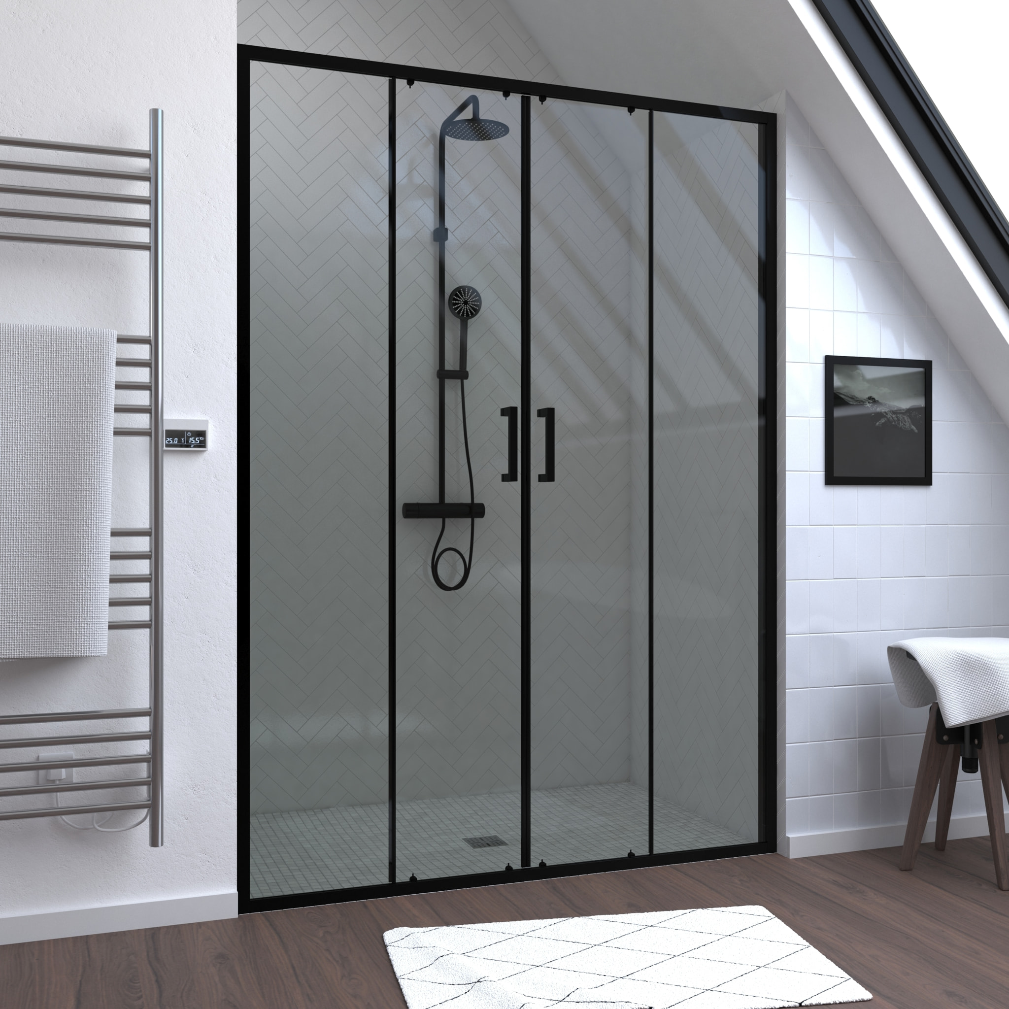 Porte de douche Double Coulissant 140x200 cm - Verre transparent - Profilé Noir - CRUSH